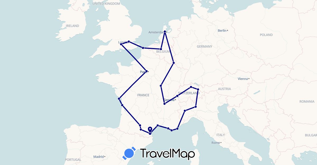 TravelMap itinerary: driving in Belgium, Switzerland, France, United Kingdom, Italy, Liechtenstein, Luxembourg, Netherlands (Europe)